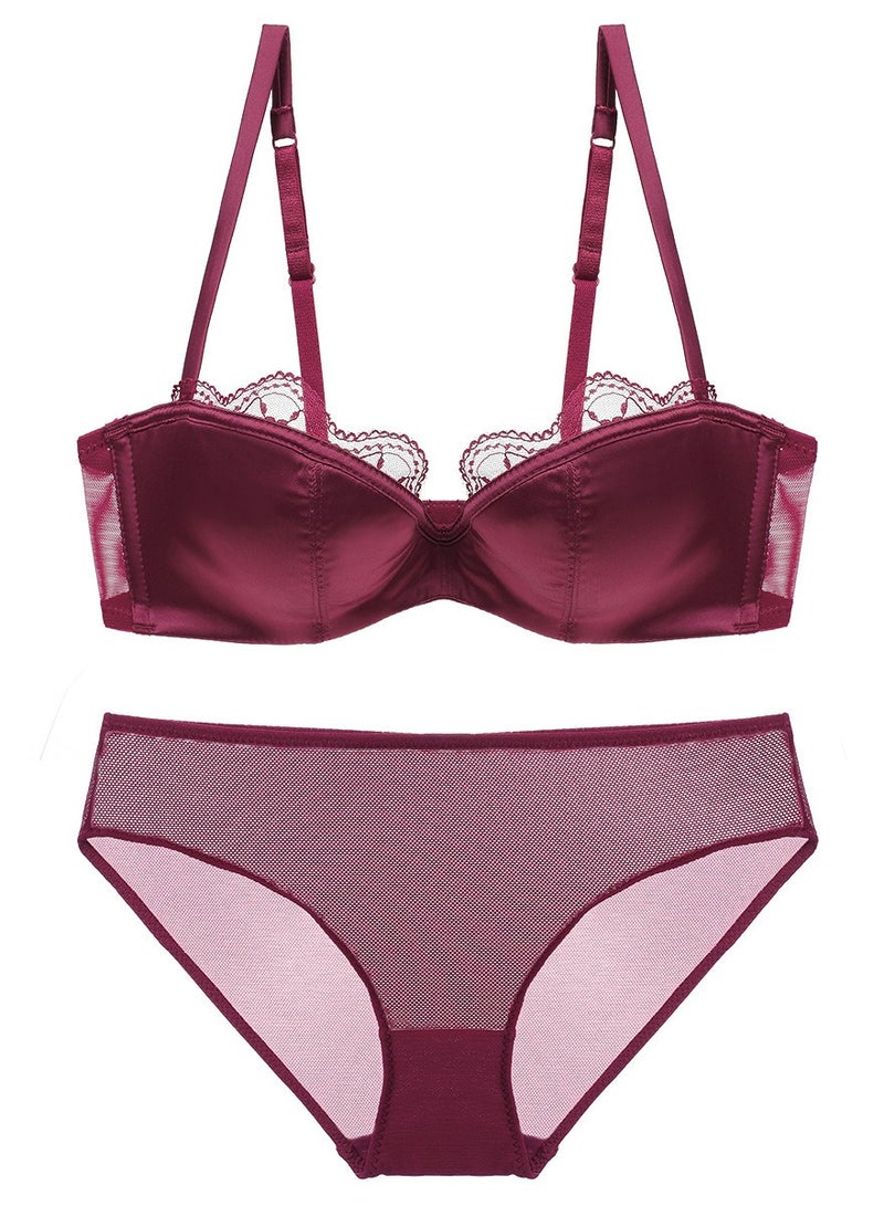 Loquat Solid Color Satin Thin Cup 1/2 Cup Bra Panty Set Wine Red 