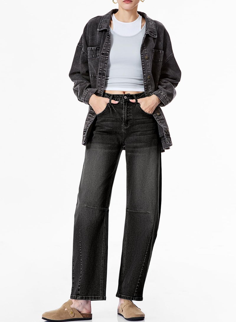 Sidefeel Women's Barrel Jeans Wide Leg Vintage Mid Rise Y2k Baggy Boyfriend Denim Pants Size 14 Black - Image 5