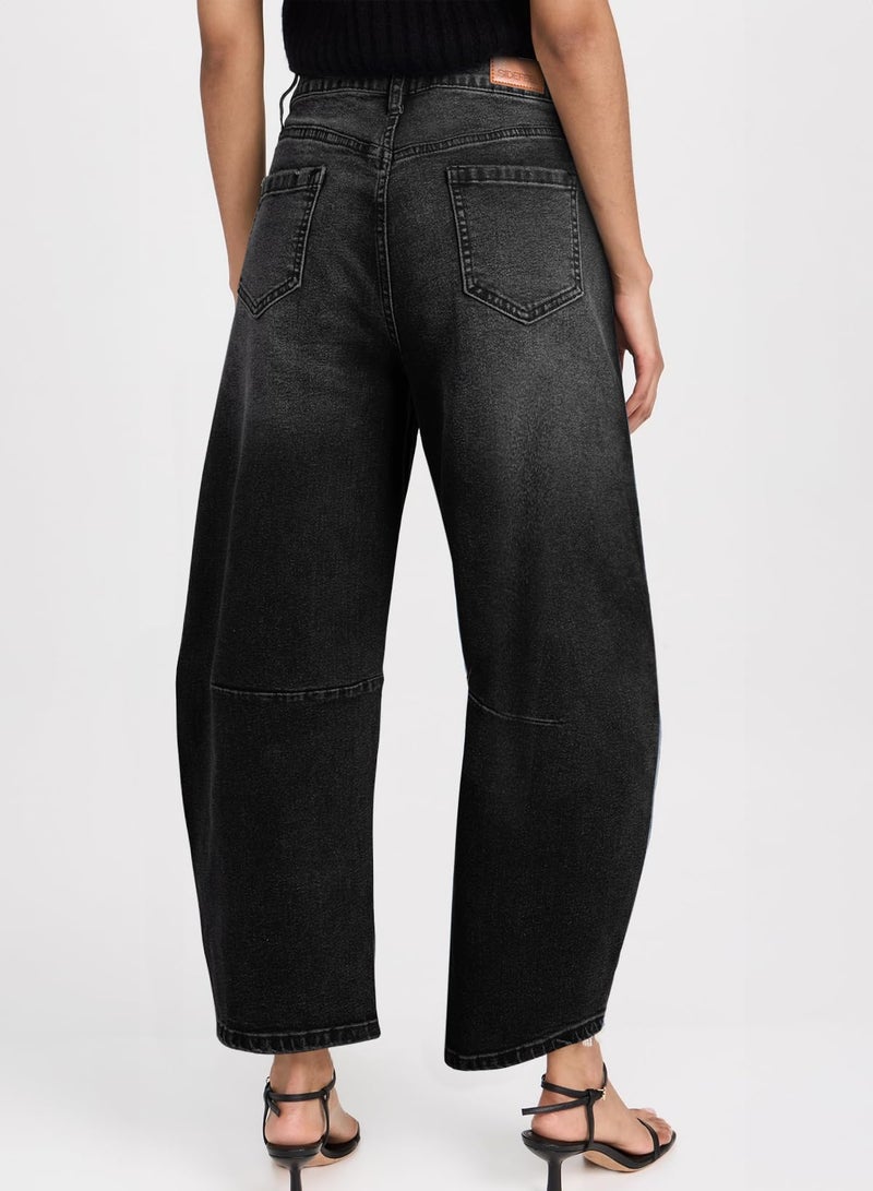 Sidefeel Women's Barrel Jeans Wide Leg Vintage Mid Rise Y2k Baggy Boyfriend Denim Pants Size 14 Black - Image 2