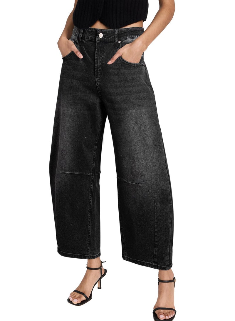 Sidefeel Women's Barrel Jeans Wide Leg Vintage Mid Rise Y2k Baggy Boyfriend Denim Pants Size 14 Black - Image 1