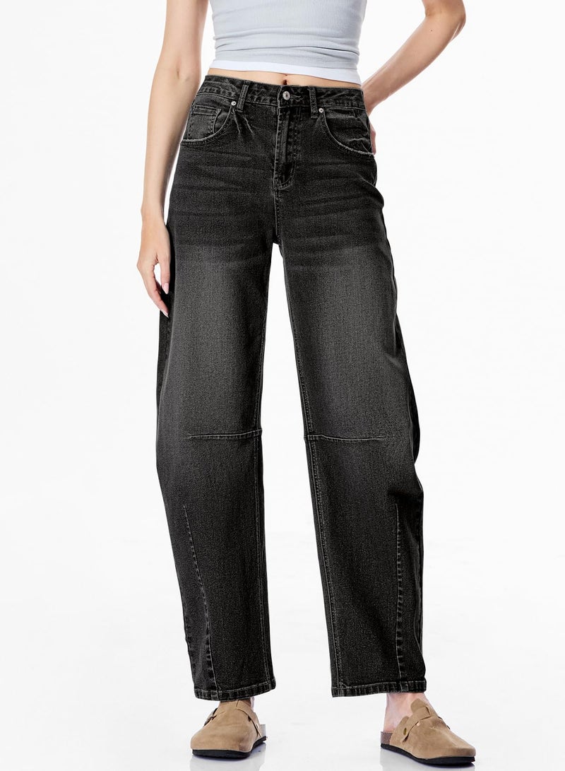 Sidefeel Women's Barrel Jeans Wide Leg Vintage Mid Rise Y2k Baggy Boyfriend Denim Pants Size 14 Black - Image 3