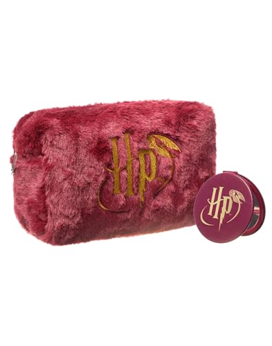 Harry Potter Womens Makeup Bag & Mirror | Ladies Burgendy Fur Cosmetic Pouch Logo | Travel Beauty Case - Image 1