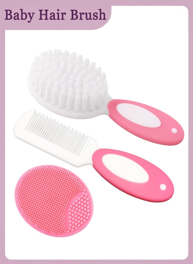 3PCS Baby Hair Brush, Baby Hair Comb, Baby Hair Brush and Comb Set for Newborns & Toddlers, Baby Brush Soft Bristles, Ideal for Cradle Cap, Perfect Baby Registry Gift (Pink) - Image 1