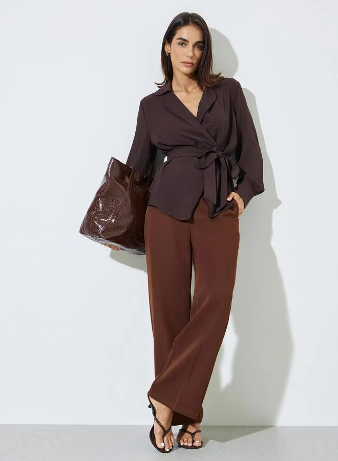 ستايلي Brown Textured Long Sleeves Belted Wrap Top