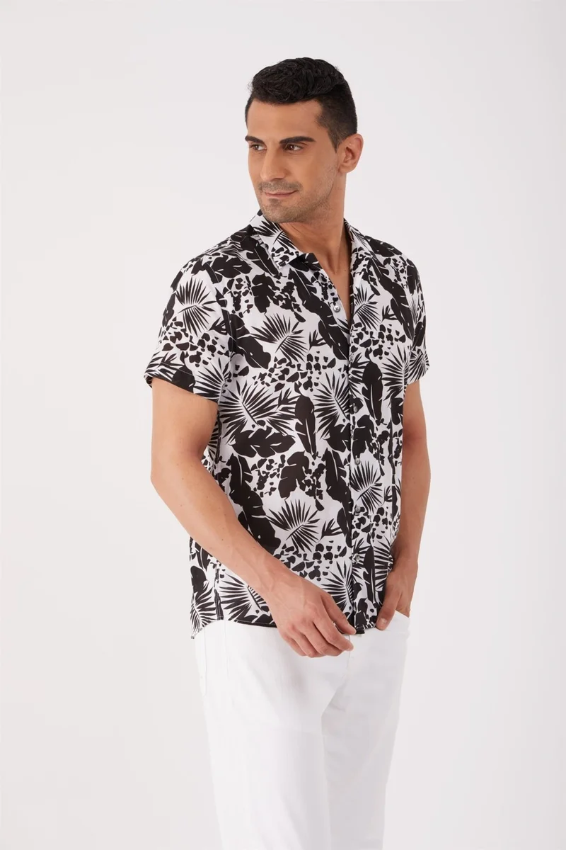 Black Men's Regular Fit Cuban Collar Short Sleeve Shirt