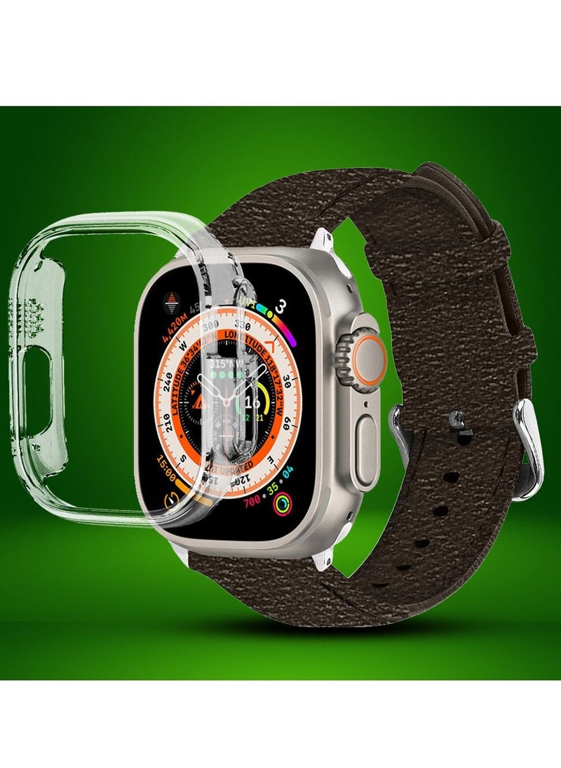 CATANES - 2 Packs For Apple Watch Band 49mm Leather Band Buckle Strap Wristband and Clear Case Holder Choccolaty - Image 1