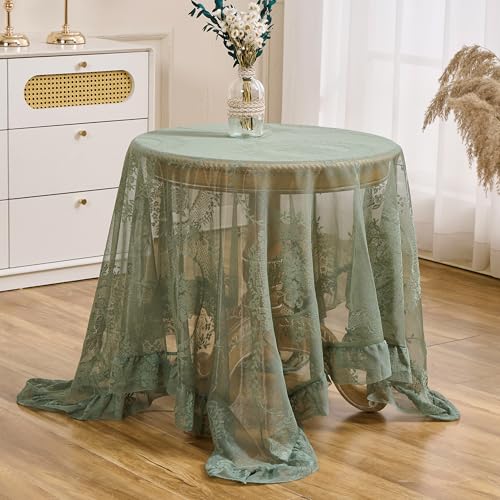 Raedan Lace Tablecloth with Ruffled Hem, Floral Embroidered Table Cover, Vintage Elegant Style (Green, 55”x55”, Square) - Image 1