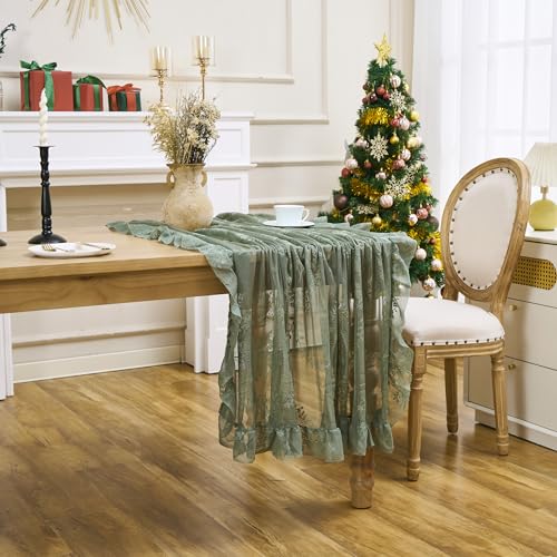Raedan Lace Tablecloth with Ruffled Hem, Floral Embroidered Table Cover, Vintage Elegant Style (Green, 55”x55”, Square) - Image 4