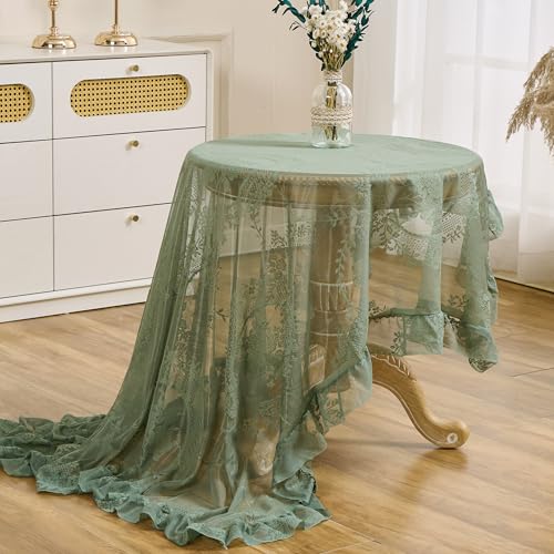 Raedan Lace Tablecloth with Ruffled Hem, Floral Embroidered Table Cover, Vintage Elegant Style (Green, 55”x55”, Square) - Image 5