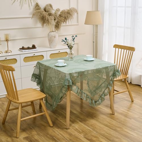 Raedan Lace Tablecloth with Ruffled Hem, Floral Embroidered Table Cover, Vintage Elegant Style (Green, 55”x55”, Square) - Image 2