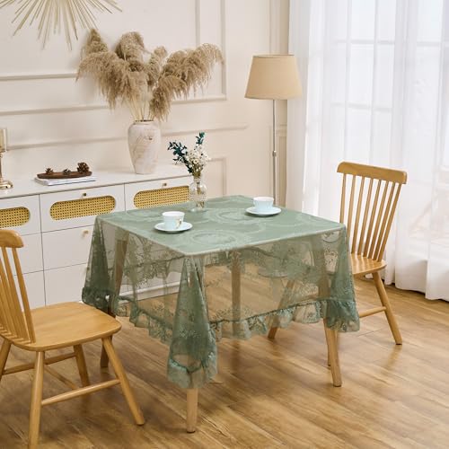 Raedan Lace Tablecloth with Ruffled Hem, Floral Embroidered Table Cover, Vintage Elegant Style (Green, 55”x55”, Square) - Image 3