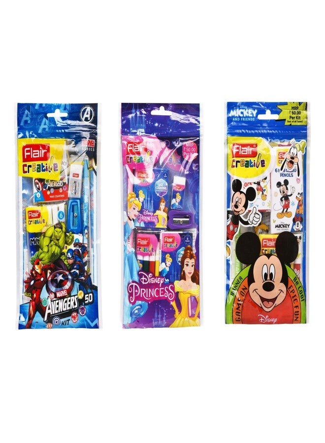 Flair Creative Series Disney Themed Stationery Kits | Marvel Avengers, Mickey Mouse & Disney Princess | Smart Kit for Your Creative Need & Fun Learning | Ideal Gift Items for Kids | Pack of 3 Kits - Image 1