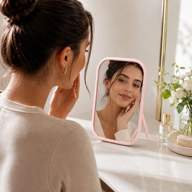 Tabletop Makeup Mirror with Stand, Foldable Rectangular Cosmetic Mirror for Vanity and Dorm Rooms (Pink) - Image 2