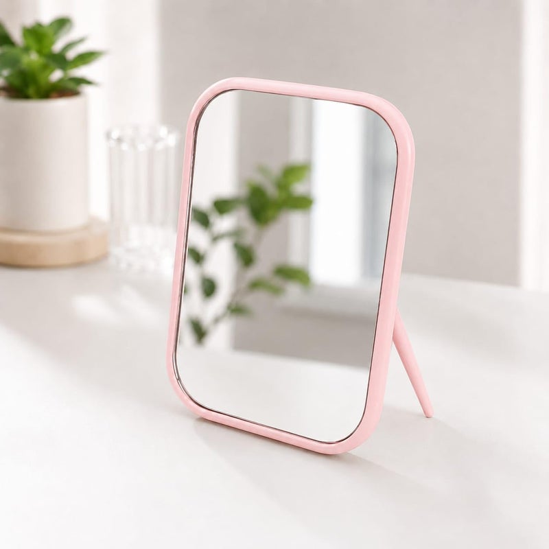 Tabletop Makeup Mirror with Stand, Foldable Rectangular Cosmetic Mirror for Vanity and Dorm Rooms (Pink) - Image 1