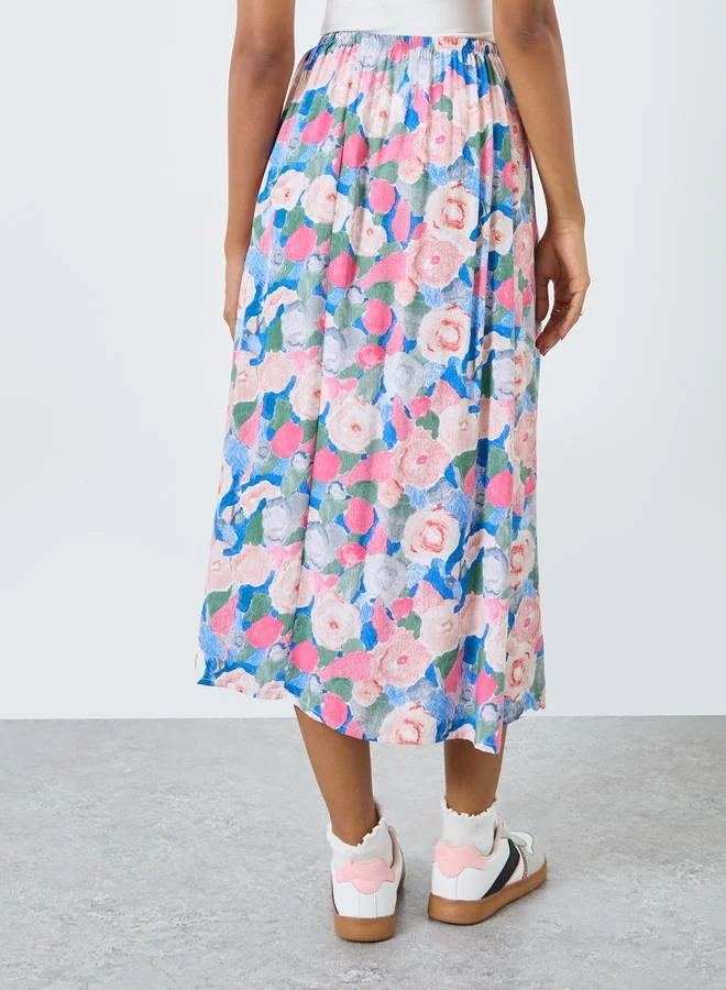Take Two Take Two Floral Printed Viscose A-Line Midi Skirt