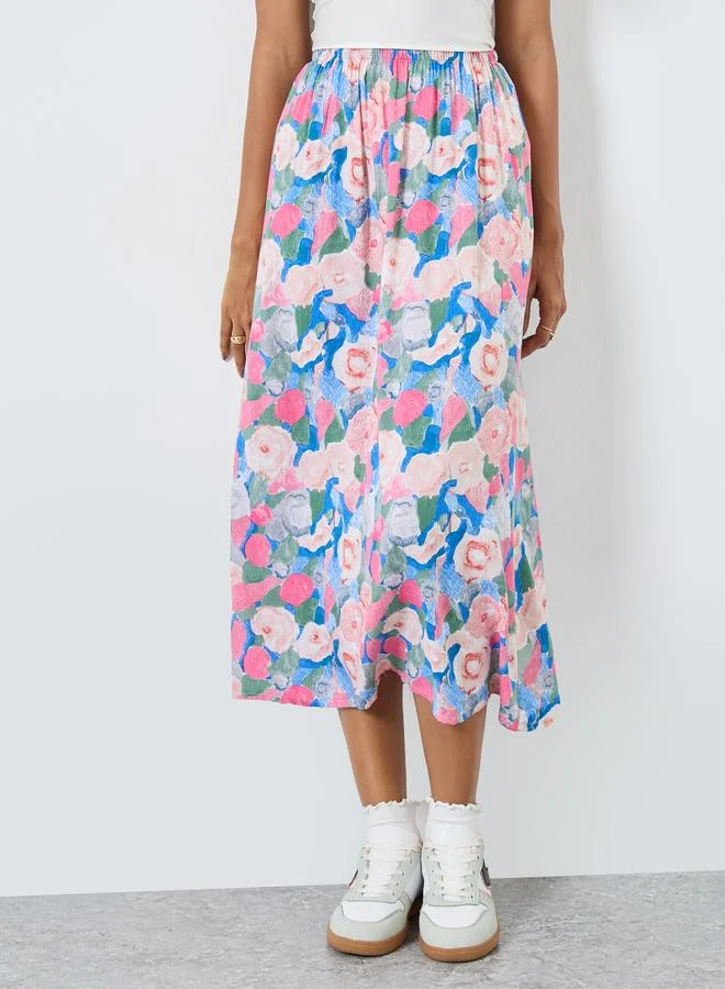 تايك تو Take Two Floral Printed Viscose A-Line Midi Skirt