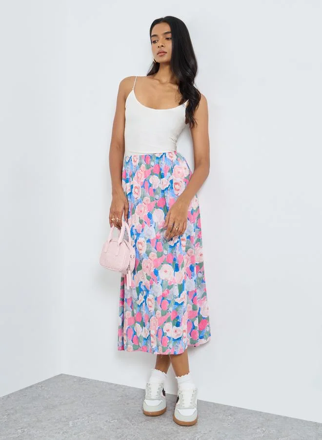 تايك تو Take Two Floral Printed Viscose A-Line Midi Skirt