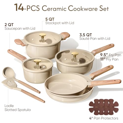 CAROTE 14Pcs Pots and Pans Set Non stick Ceramic Cookware Set Nontoxic Kitchen Cooking Set PFAS and PFOA Free - Image 3