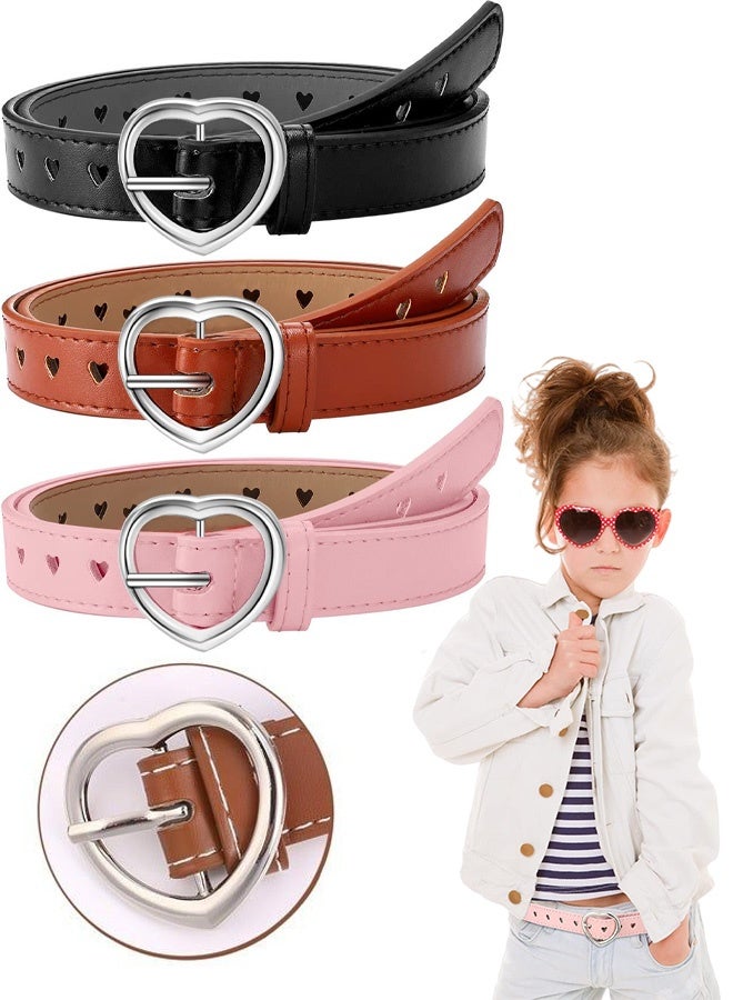 3 Pack Girls Elastic Belts Adjustable Kids Stretch Belt with Heart Buckle Cute Waist Belt for Toddler Boys Girls Pink Brown Black Suitable for School Uniform Jeans Daily Casual Party Outdoor Dress Matching - Image 1