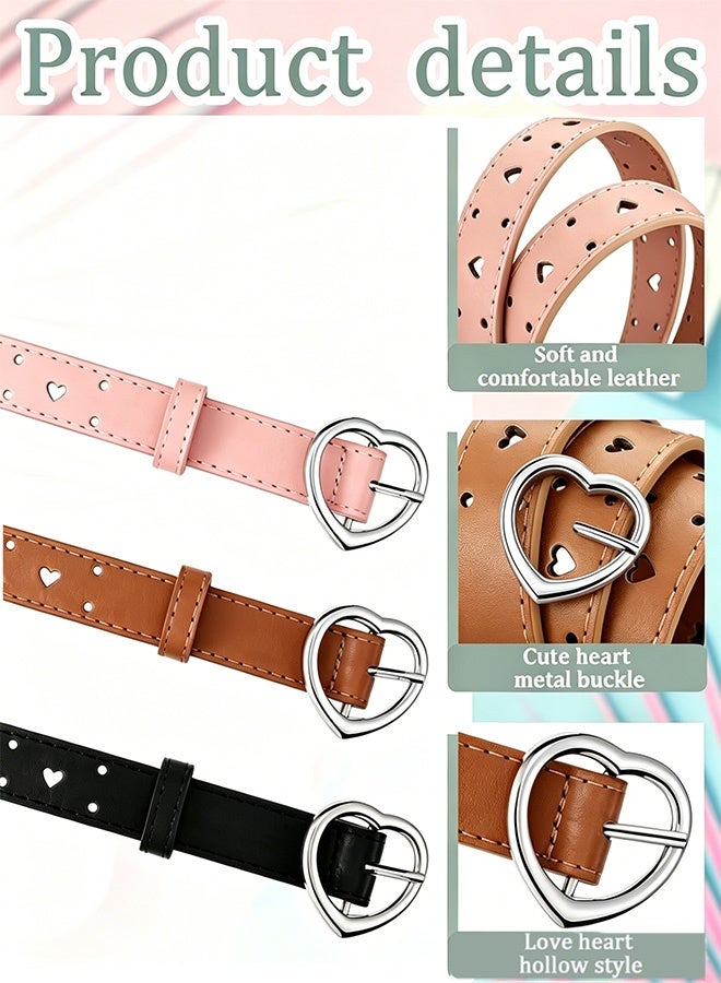3 Pack Girls Elastic Belts Adjustable Kids Stretch Belt with Heart Buckle Cute Waist Belt for Toddler Boys Girls Pink Brown Black Suitable for School Uniform Jeans Daily Casual Party Outdoor Dress Matching - Image 3