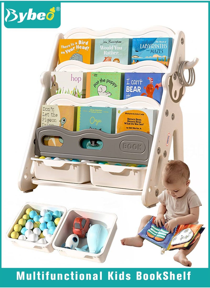 Bybeo Kids BookShelf Organiser, Children's Book shelf with 2 Baby Toy Storage Racks, PP Cartoon Book Racks - Storage Organizer Set  - Image 1