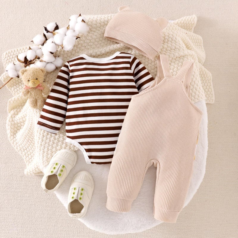 FOCICI Baby Boy Clothes 0-3 Months Newborn Long Sleeve Striped Romper + Cartoon Adjustable Suspender Overall Fall Winter Outfits + Cute Hat Beige 0-3 Months - Image 3