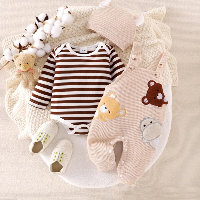 FOCICI Baby Boy Clothes 0-3 Months Newborn Long Sleeve Striped Romper + Cartoon Adjustable Suspender Overall Fall Winter Outfits + Cute Hat Beige 0-3 Months - Image 2
