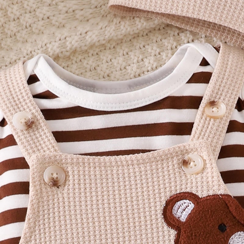FOCICI Baby Boy Clothes 0-3 Months Newborn Long Sleeve Striped Romper + Cartoon Adjustable Suspender Overall Fall Winter Outfits + Cute Hat Beige 0-3 Months - Image 4