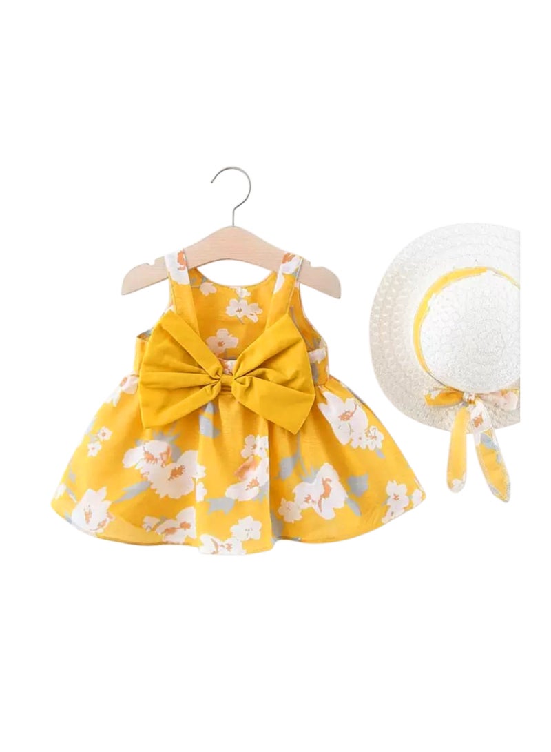 Baby Frock Girl Floral Dress with Hat Sleeveless Bow Outfit Newborn Frock - Image 1