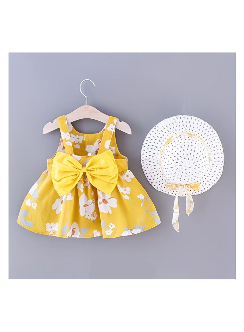 Baby Frock Girl Floral Dress with Hat Sleeveless Bow Outfit Newborn Frock - Image 2