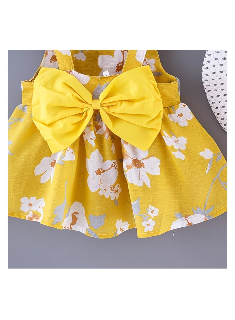 Baby Frock Girl Floral Dress with Hat Sleeveless Bow Outfit Newborn Frock - Image 3