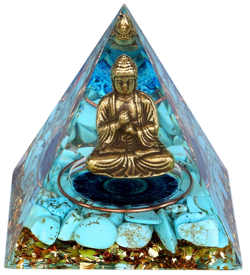 FENGSHUICAISHEN Little Buddha Statue in Healing Crystal Organite Pyramid Obsidian with Baby Buddha Figurine Reiki Chakra Meditation Desktop Buddha Statue for Home Indoor Outdoor