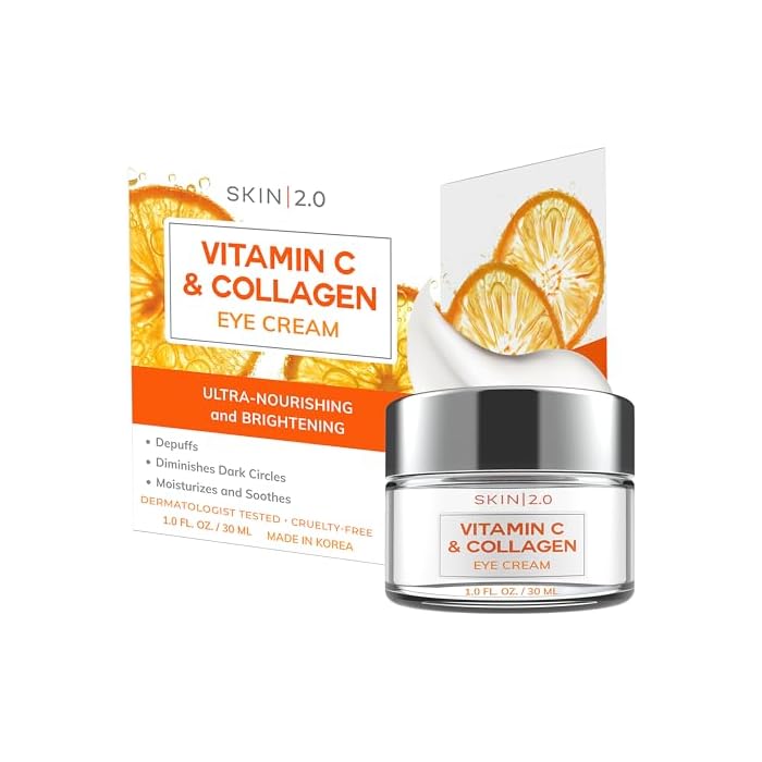 Skin 2.0 Vitamin C & Collagen Under Eye Cream for Dark Circles, Puffiness & Wrinkles – Hydrating, Firming & Restoring Radiance – Dermatologist Tested, Korean Skin Care, Vegan, Clean Beauty – 1 fl oz