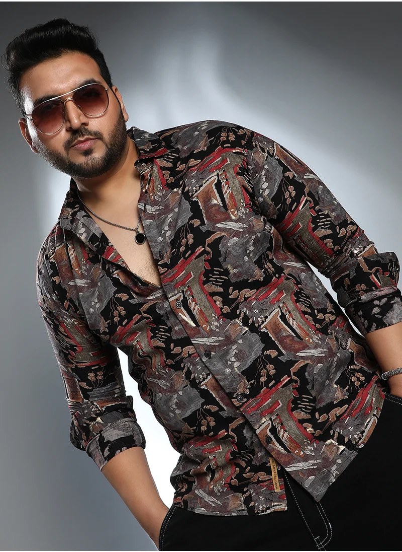 انستافاب بلس Instafab Plus Men's Multicolour Impressionistic Foliage Shirt For Casual Wear | Spread Collar | Long Cuffed Sleeves | Button Closure | Plus Size Shirt Crafted With Comfort Fit For Everyday Wear
