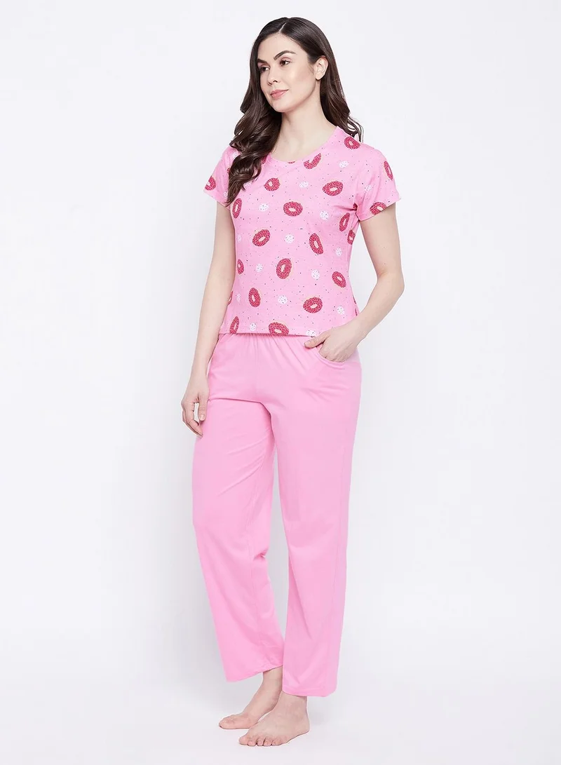 كلوفيا Clovia Donut Print Top And Pyjama In Baby Pink - Cotton