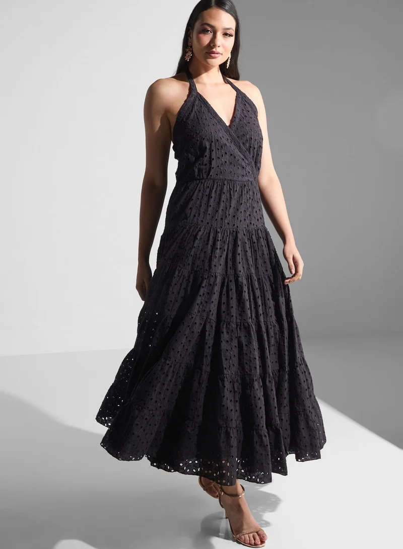 Golden Apple Embroidery Halter Neck Dress