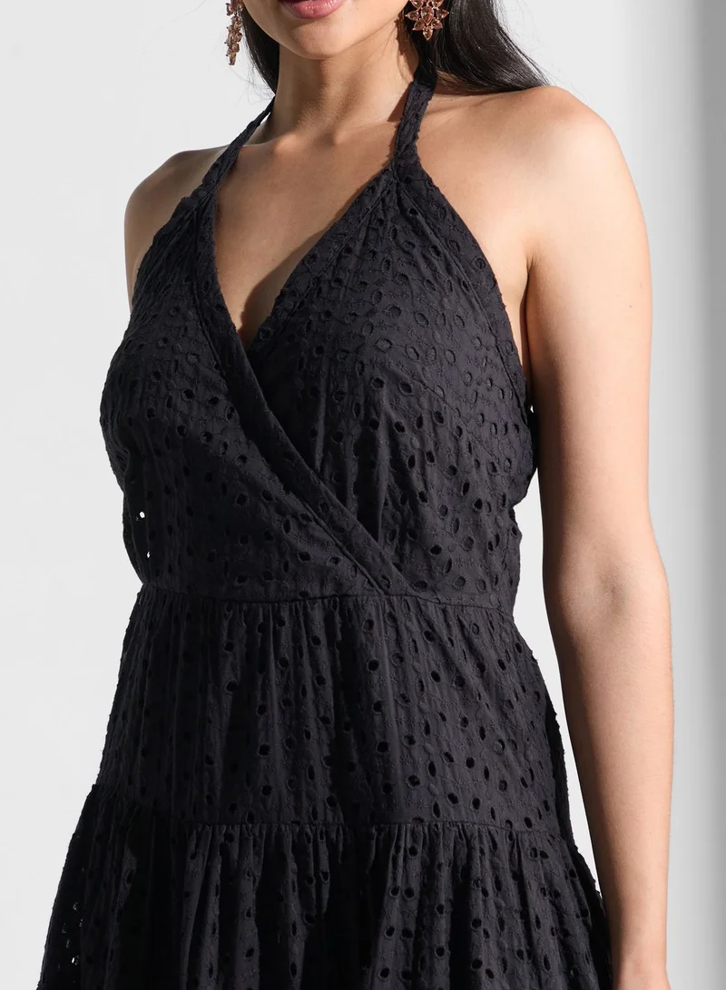 Golden Apple Embroidery Halter Neck Dress