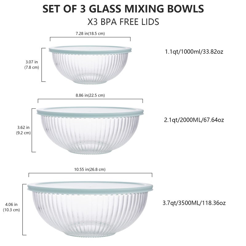 Luvan Glass Mixing Bowls with Lids Set(3.7QT, 2.1QT, 1.1QT),3PC Glass Nesting Bowl, Large Salad Bowls Sets with lids,Clear Cooking Bowl for Kitchen Prep,Food Storage,Baking,Microwave and Oven Safe - Image 2