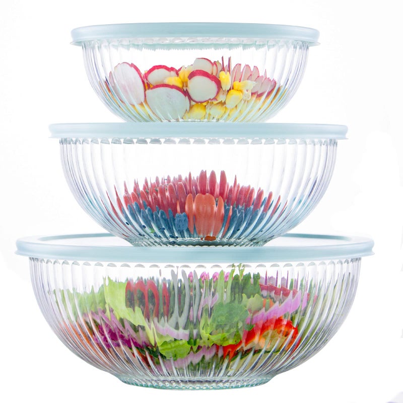 Luvan Glass Mixing Bowls with Lids Set(3.7QT, 2.1QT, 1.1QT),3PC Glass Nesting Bowl, Large Salad Bowls Sets with lids,Clear Cooking Bowl for Kitchen Prep,Food Storage,Baking,Microwave and Oven Safe - Image 1