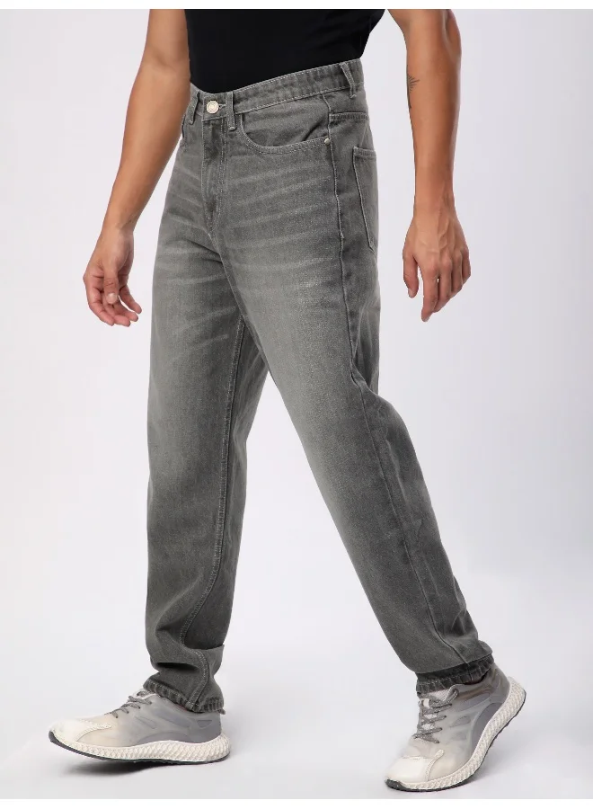 Beyoung Light Grey Whisker Baggy Fit Jeans for Mens