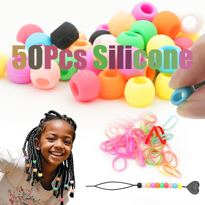 Silicone Hair Beads for Girls Braids 50pcs Soft Colorful Pony Beads Bulk for Girls Women Hair Accessories for Braids