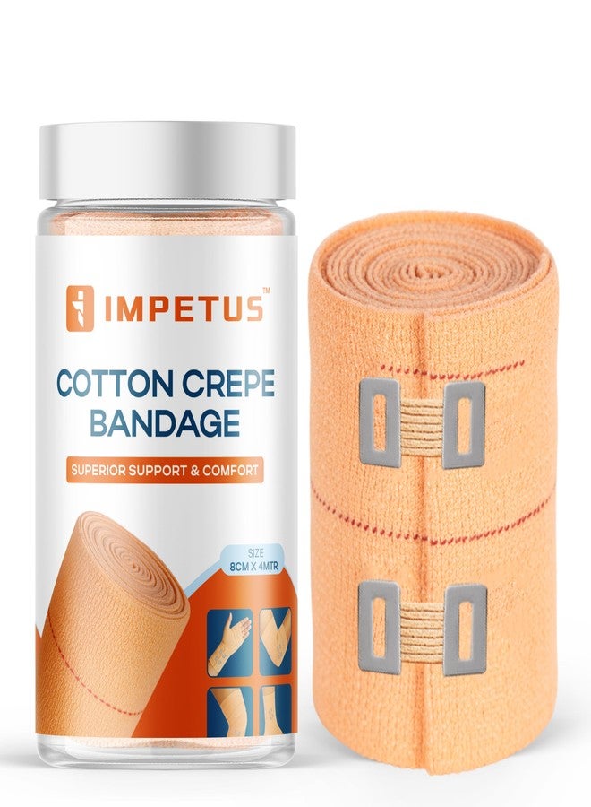 IMPETUS Soft Cotton Crepe Bandage for Pain Relief 8cm x 4m Skin Friendly Compression Support Wrap for Sprain, Swelling & Joint Pain Reusable Bandage with Clips for Hands, Legs, Ankle Support - Image 1