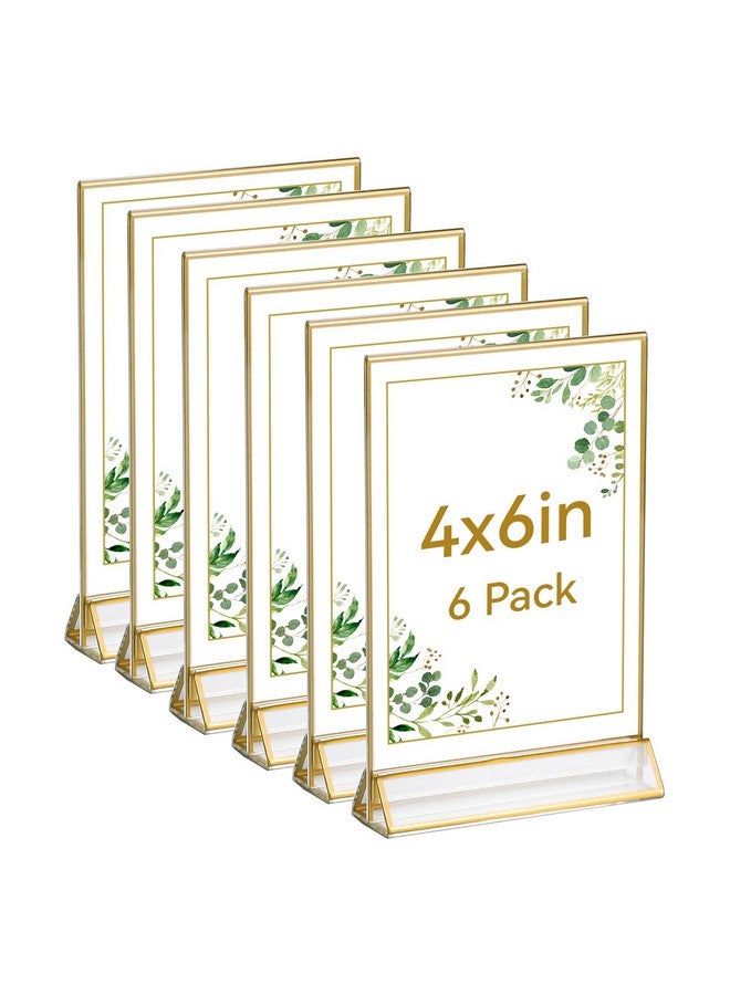 UNIQOOO UNIQOOO Acrylic Sign Holders with Golden Border, Portrait View, Pack of 6 | 4x6 Inches Double Sided Clear Frame, Perfect for Wedding reception, Centerpiece, Decoration, Party,Anniversary, Event 