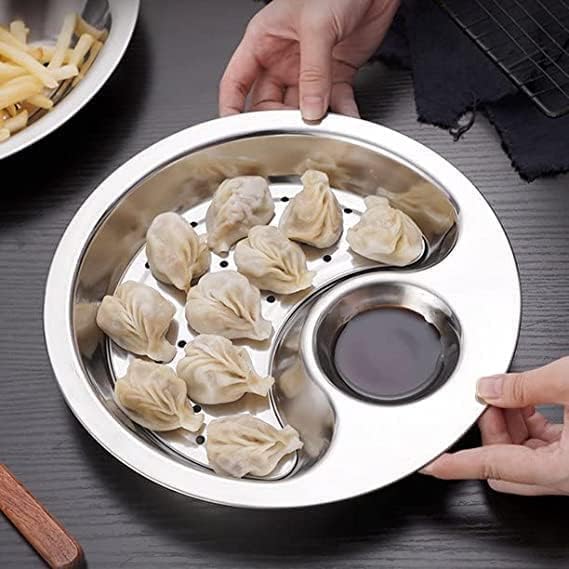 FALONG Steel Vinegar Dish Tray Drain Tray Round Dumpling Dish Plate Salad Bread Dishes Round Dessert Plate Serving Trays Pasta Dish Sauce Plate for Pizza Steak Pasta Salad 26cm - Image 2