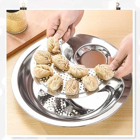 FALONG Steel Vinegar Dish Tray Drain Tray Round Dumpling Dish Plate Salad Bread Dishes Round Dessert Plate Serving Trays Pasta Dish Sauce Plate for Pizza Steak Pasta Salad 26cm - Image 5