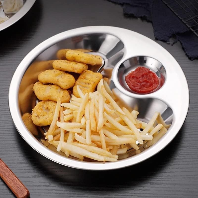 FALONG Steel Vinegar Dish Tray Drain Tray Round Dumpling Dish Plate Salad Bread Dishes Round Dessert Plate Serving Trays Pasta Dish Sauce Plate for Pizza Steak Pasta Salad 26cm - Image 3