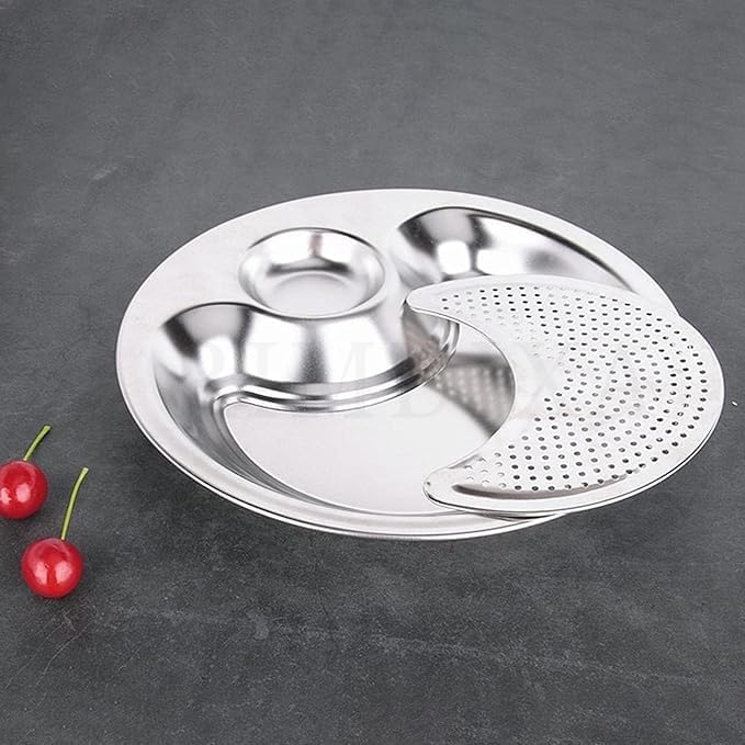 FALONG Steel Vinegar Dish Tray Drain Tray Round Dumpling Dish Plate Salad Bread Dishes Round Dessert Plate Serving Trays Pasta Dish Sauce Plate for Pizza Steak Pasta Salad 26cm - Image 1