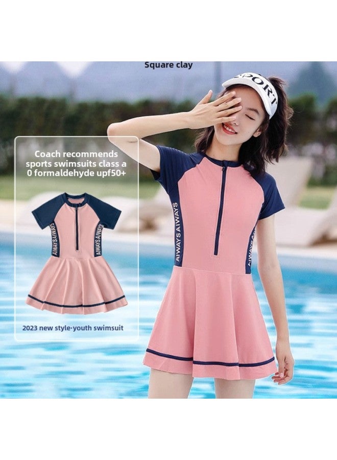 Children's Swimwear Girl's Girls' Swimwear Summer Middle And Big Kids Swimwear Student Swimming Training Wear-Color:(send Swimming Cap) J6248 Pink-split Skirt Style-Size:L Size (fits 25-30kg )