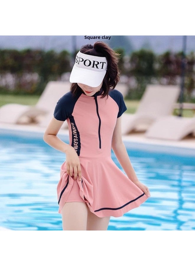 Children's Swimwear Girl's Girls' Swimwear Summer Middle And Big Kids Swimwear Student Swimming Training Wear-Color:(send Swimming Cap) J6248 Pink-split Skirt Style-Size:L Size (fits 25-30kg )