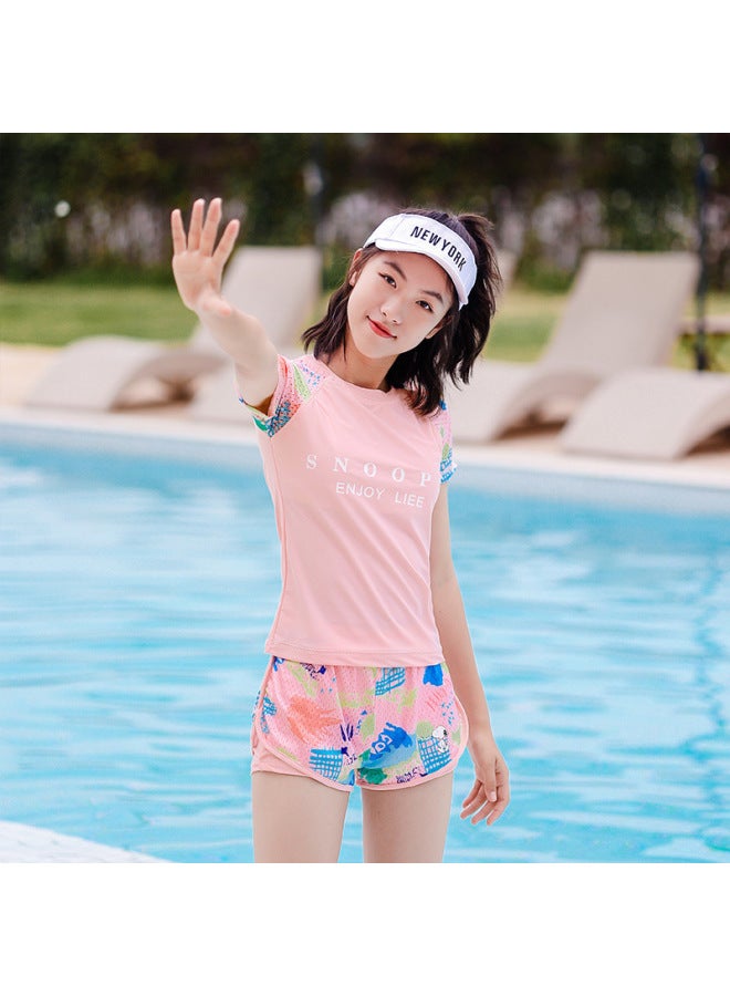 Children's Swimwear Girl's Girls' Swimwear Summer Middle And Big Kids Swimwear Student Swimming Training Wear-Color:(send Swimming Cap) J6248 Pink-split Skirt Style-Size:L Size (fits 25-30kg )